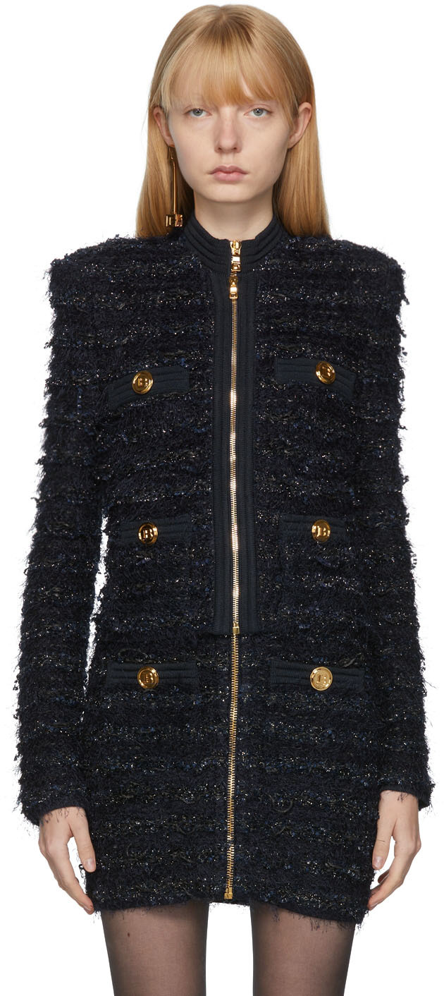 Balmain Navy Collarless Tweed Jacket