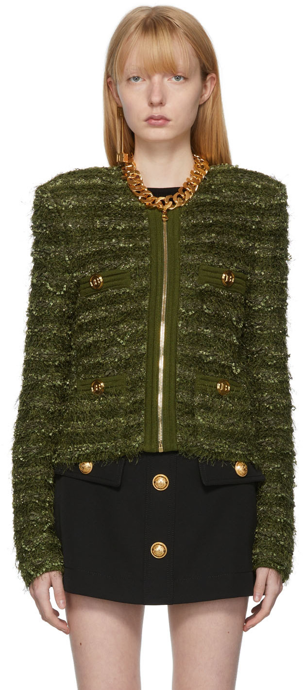 Balmain Green Tweed Zipped Jacket
