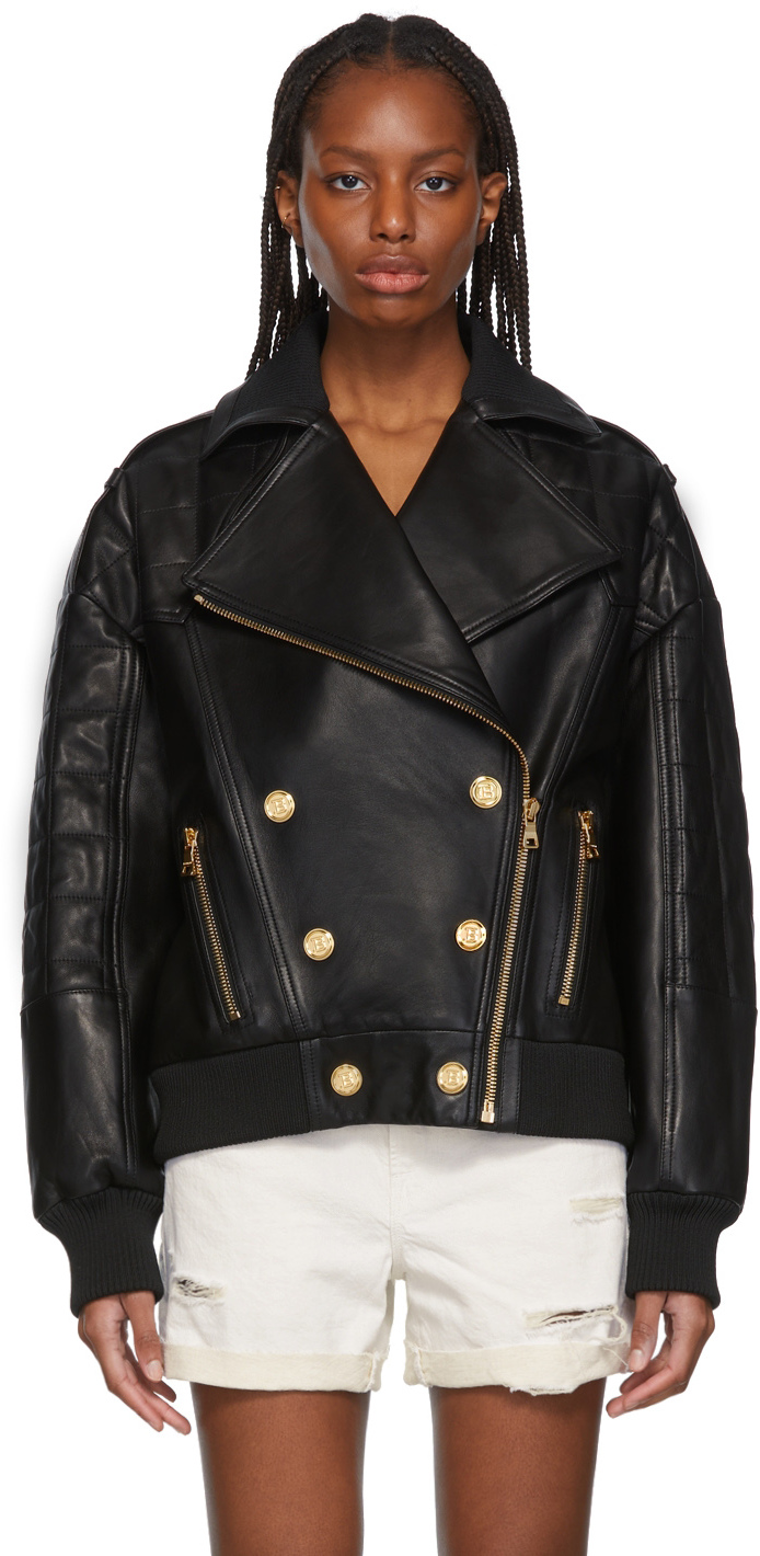 Balmain Black Leather Double-Breasted Bomber