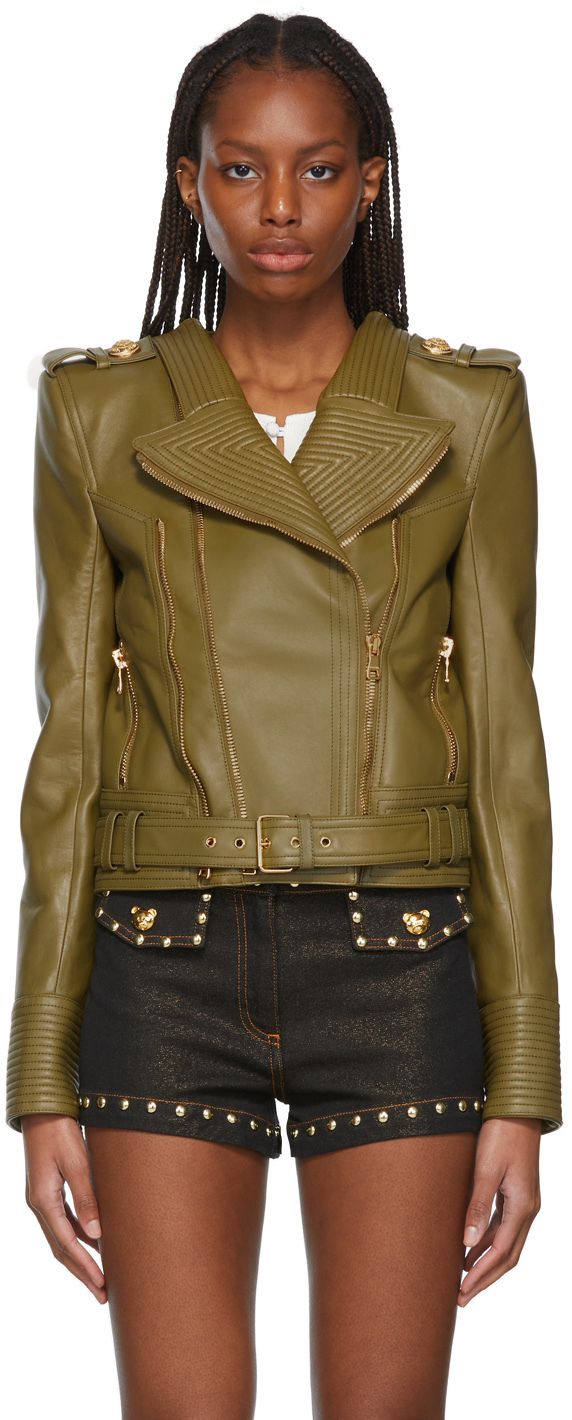 Balmain Green Leather Biker Jacket