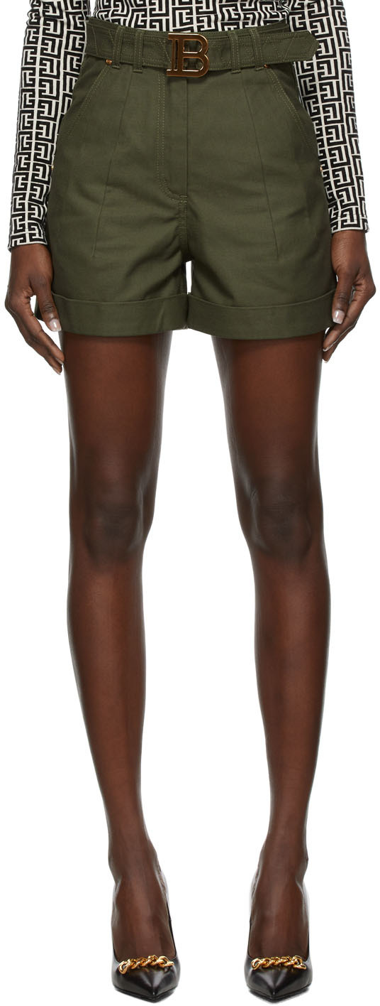 Balmain Khaki Denim Logo Buckle Shorts