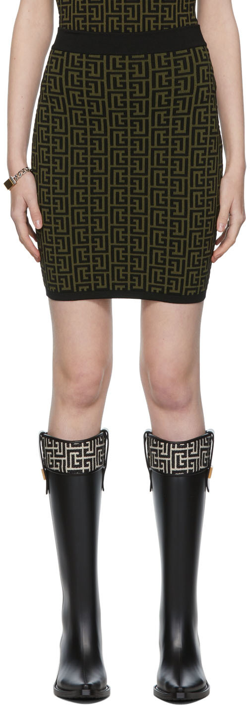 Balmain Khaki & Black Knit Monogram Miniskirt