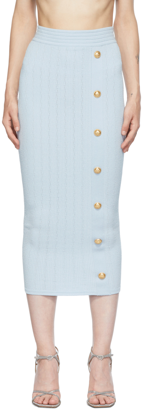Balmain Blue Rib Knit Button Mid-Length Skirt