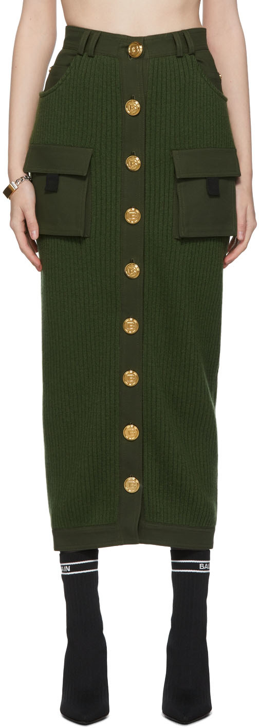 Balmain Khaki Cargo Mid-Length Skirt