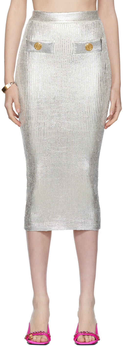 Balmain Silver Rib Knit Skirt