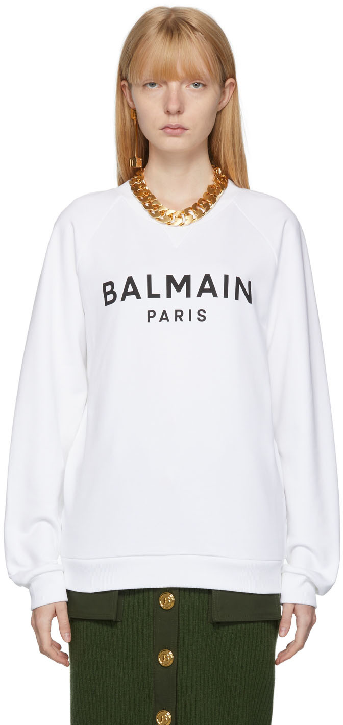 Balmain White Print Logo Sweatshirt