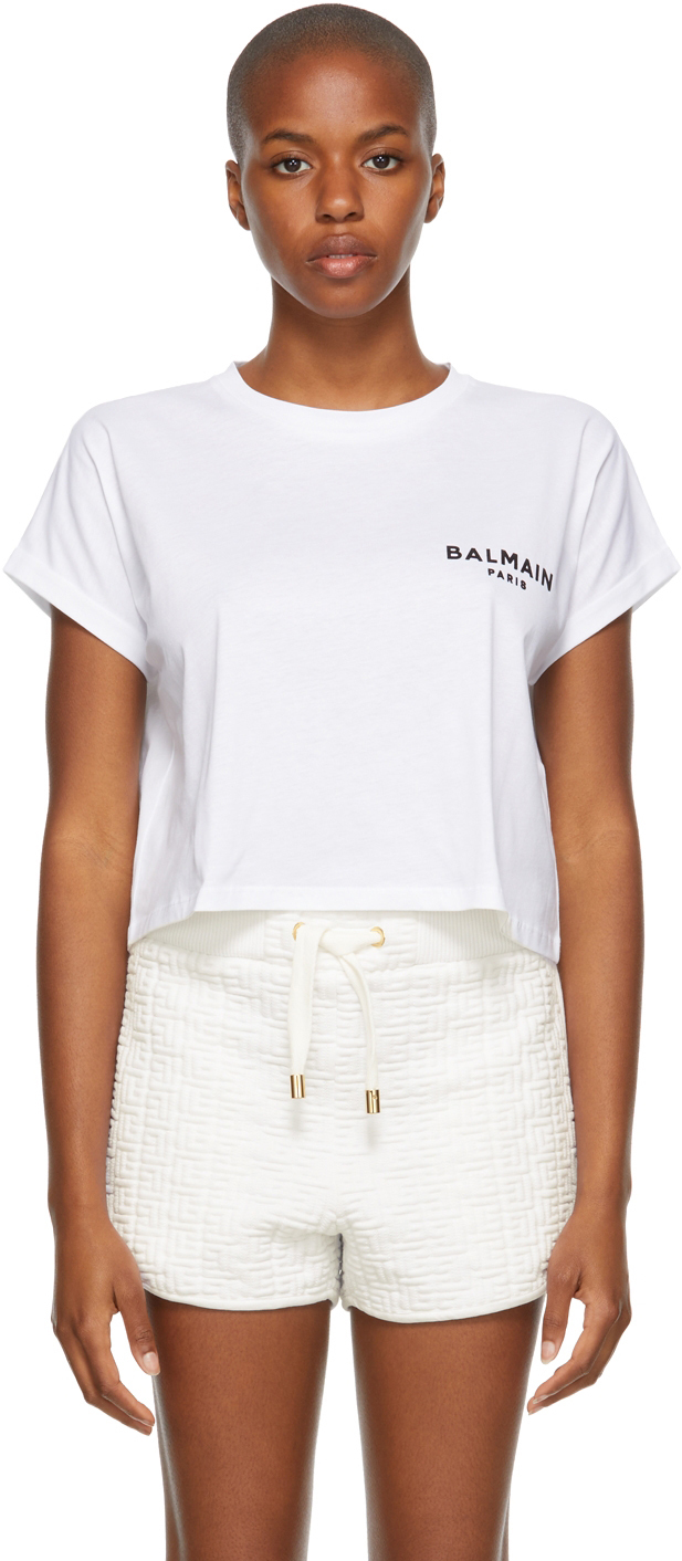 Balmain White Cropped Logo T-Shirt