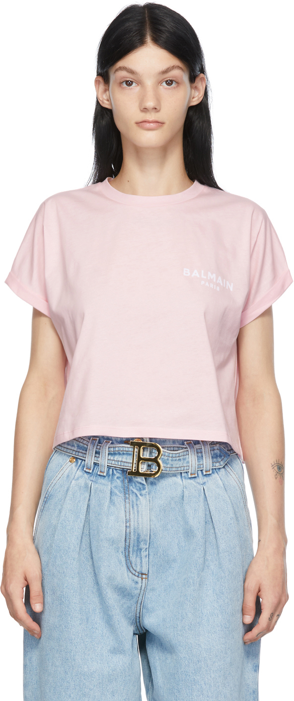 Balmain Pink Cropped Logo T-shirt In Ocd Rose Pâle/blan | ModeSens