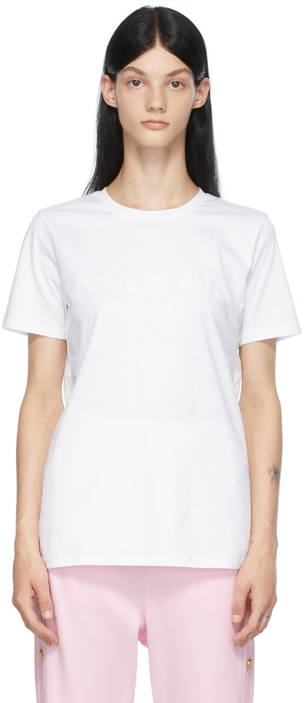 Balmain White & Pink Printed Logo T-Shirt