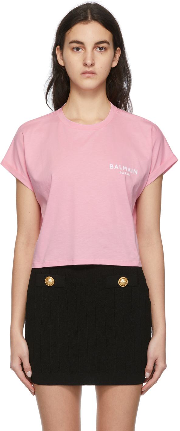 Balmain Pink Cropped Logo T-Shirt