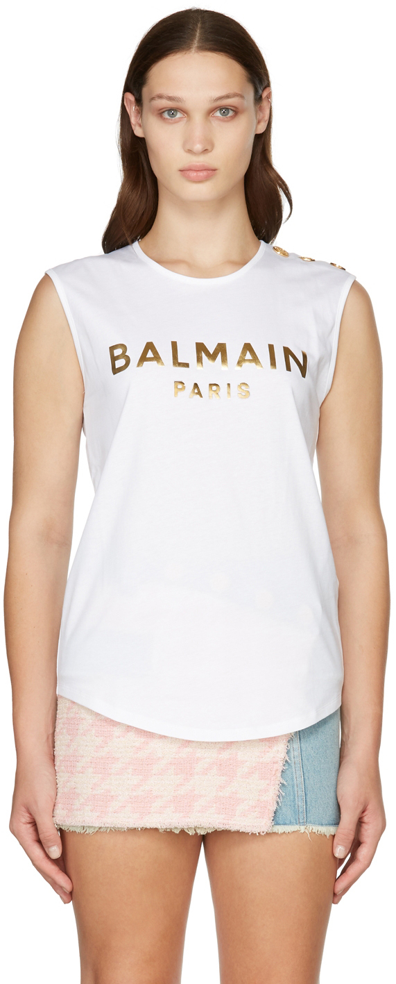 Balmain White & Gold Three-Button Logo Tank Top