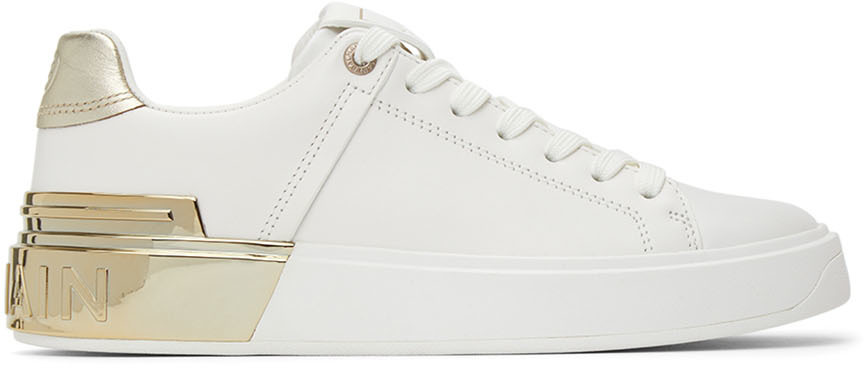Balmain White & Gold Leather B-Court Sneakers