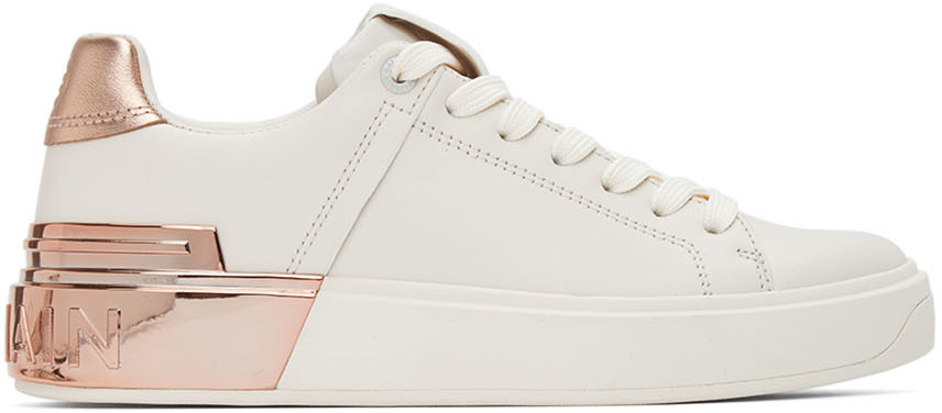 Balmain White & Rose Gold Leather B-Court Sneakers
