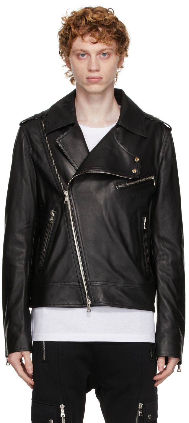 Black Leather Biker Jacket by Balmain on Sale