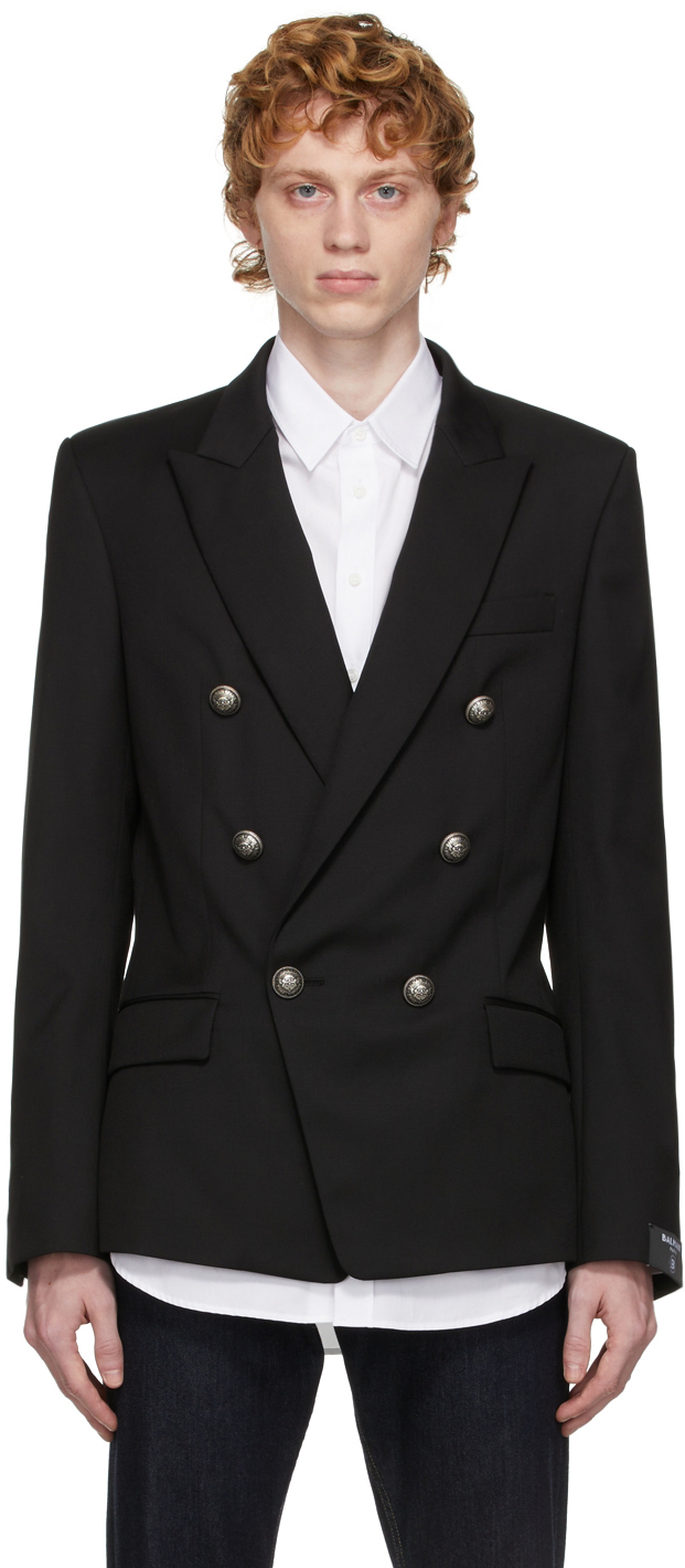 Balmain Double-breasted Wool-blend Military Coat in Black for Men