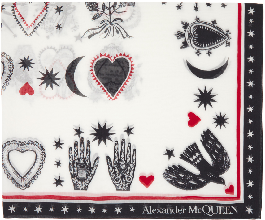 Alexander McQueen White & Red Silk Mystical Scarf