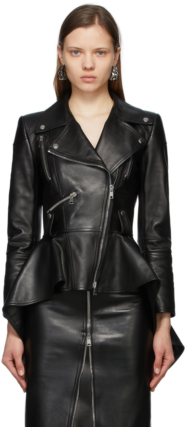 Alexander McQueen: Black Leather Peplum Jacket | SSENSE