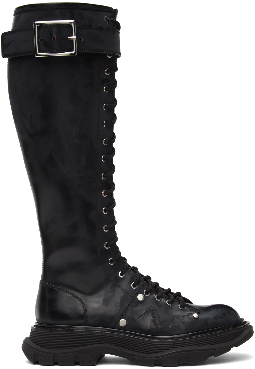 Black Tread Lace-Up Tall Boots SSENSE Women Shoes Boots Lace-up Boots 
