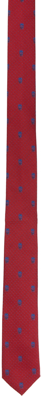 Alexander McQueen Red & Blue Silk Skull Polka Dots Tie