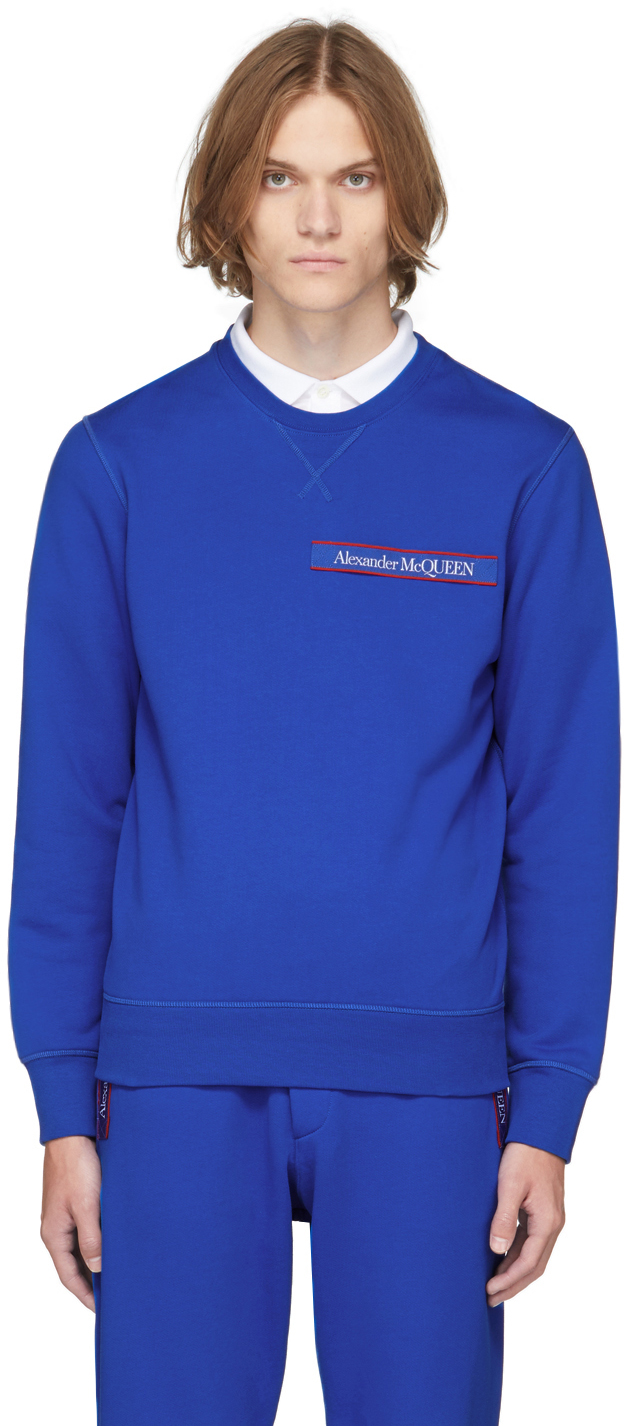 Blue Selvedge Logo Tape Sweatshirt by Alexander McQueen on Sale