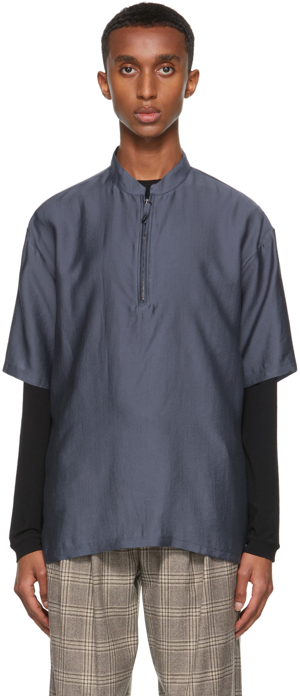 Giorgio Armani: Navy Half-Zip Sport Short Sleeve Shirt | SSENSE
