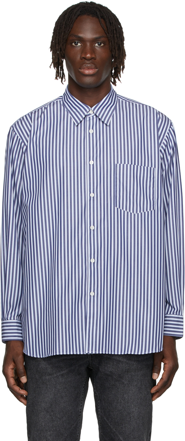 Comme des Garçons Shirt: Navy & White Poplin Forever Stripe Shirt