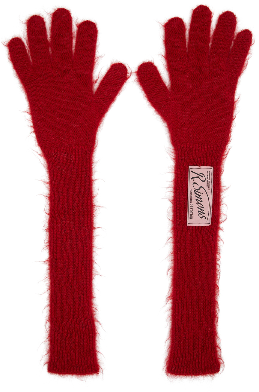 Raf Simons Red Mohair Long Logo Gloves | Smart Closet