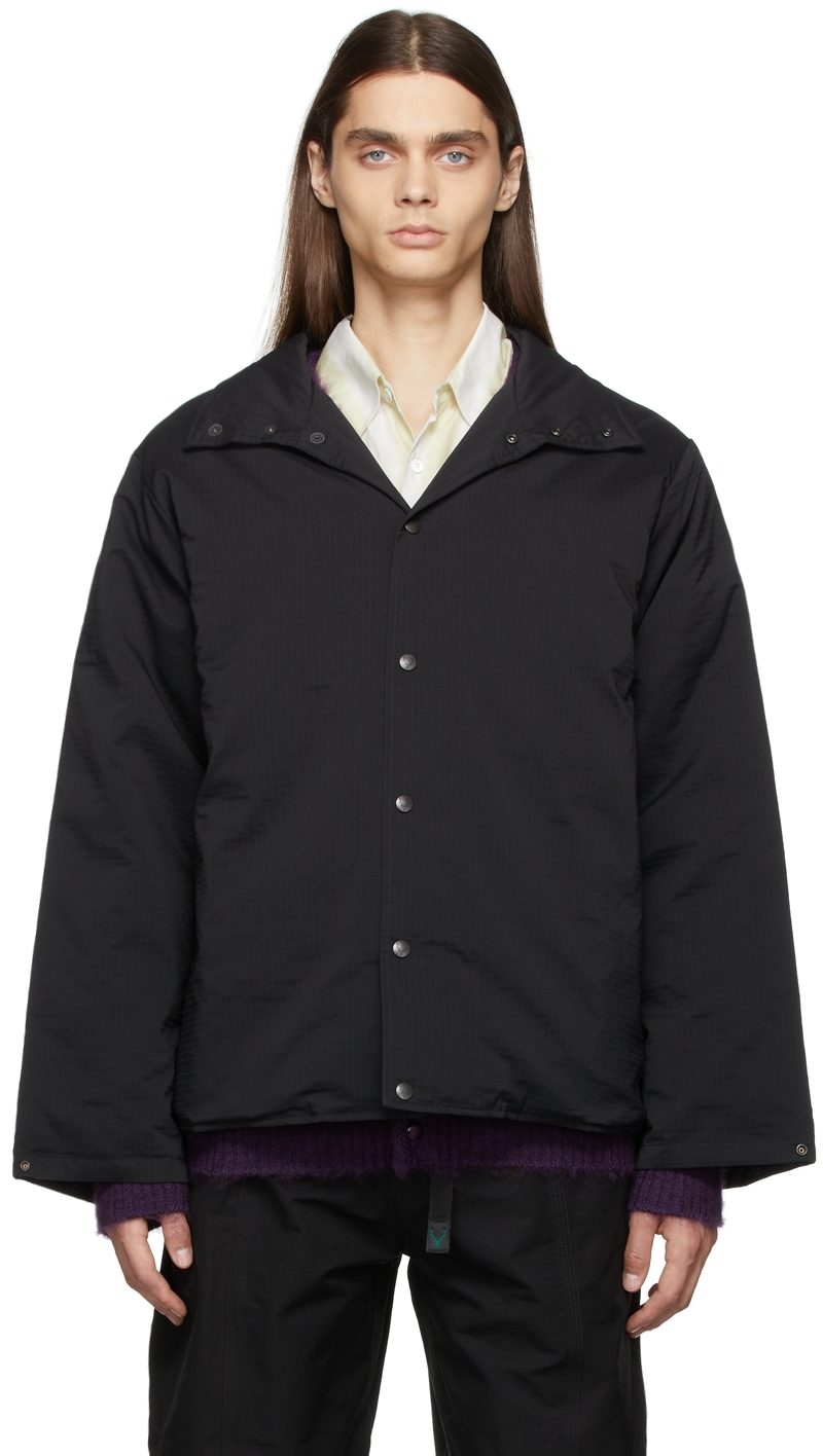 South2 West8: Black Down Ripstop Banded Collar Jacket | SSENSE Canada