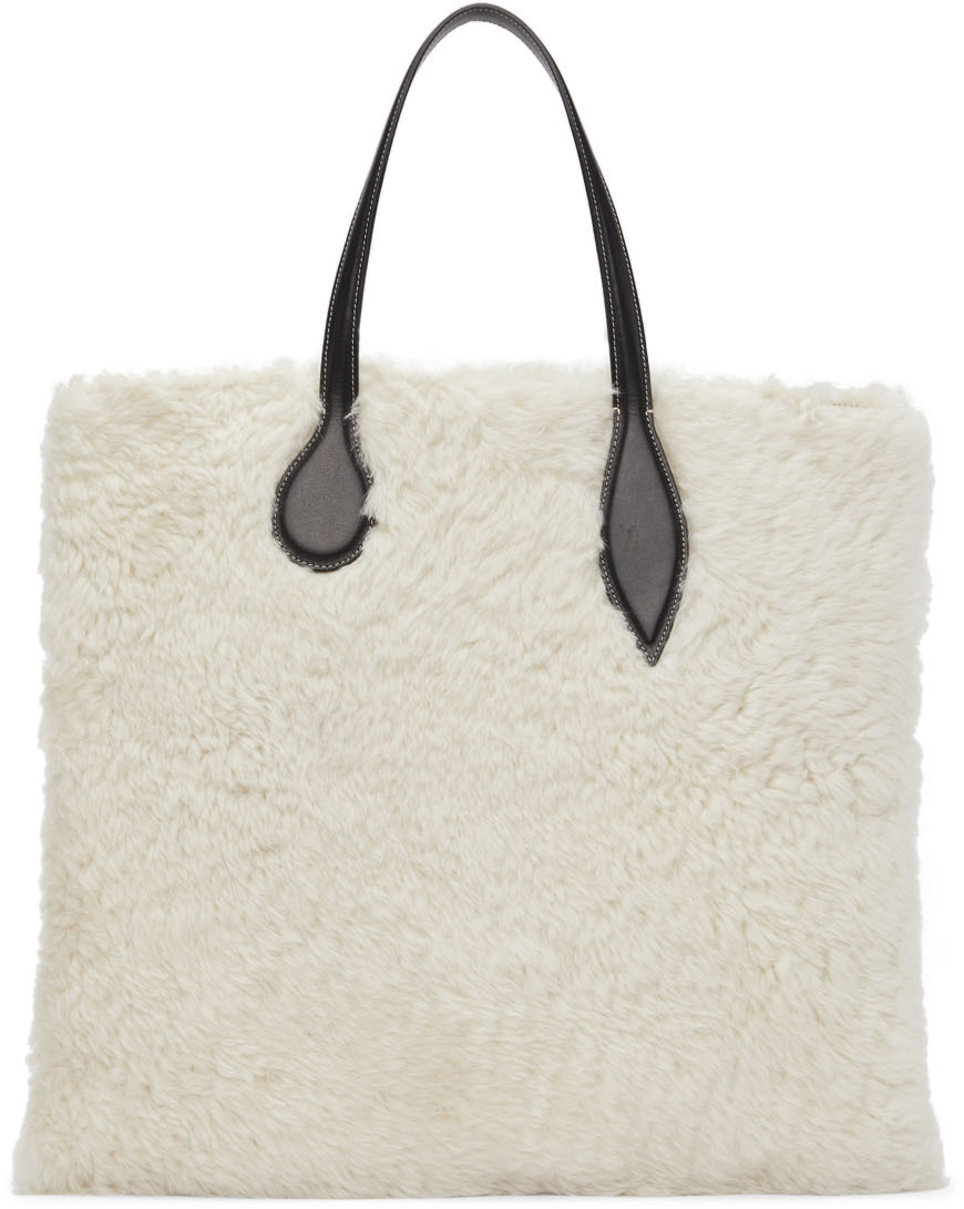 Little Liffner: White & Black Shearling Sprout Tote | SSENSE Canada