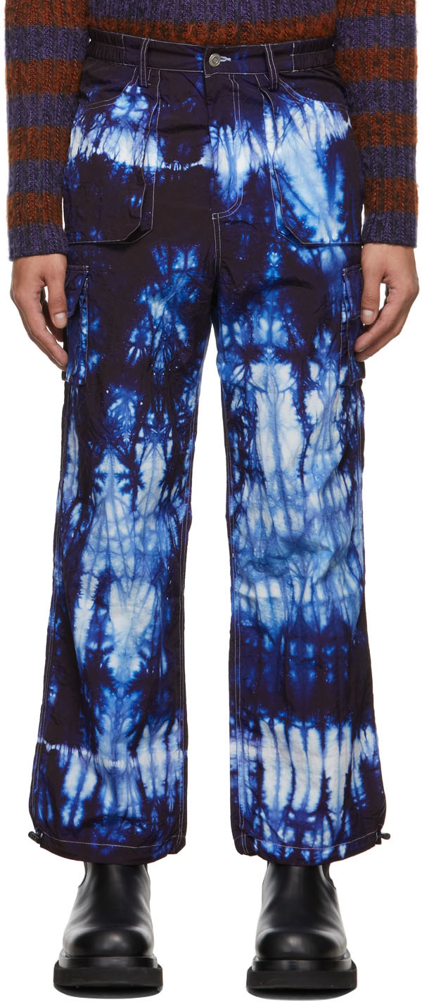 Agr Mens Blue White Tie-dye Relaxed-fit Shell Trousers L In Bluewhite