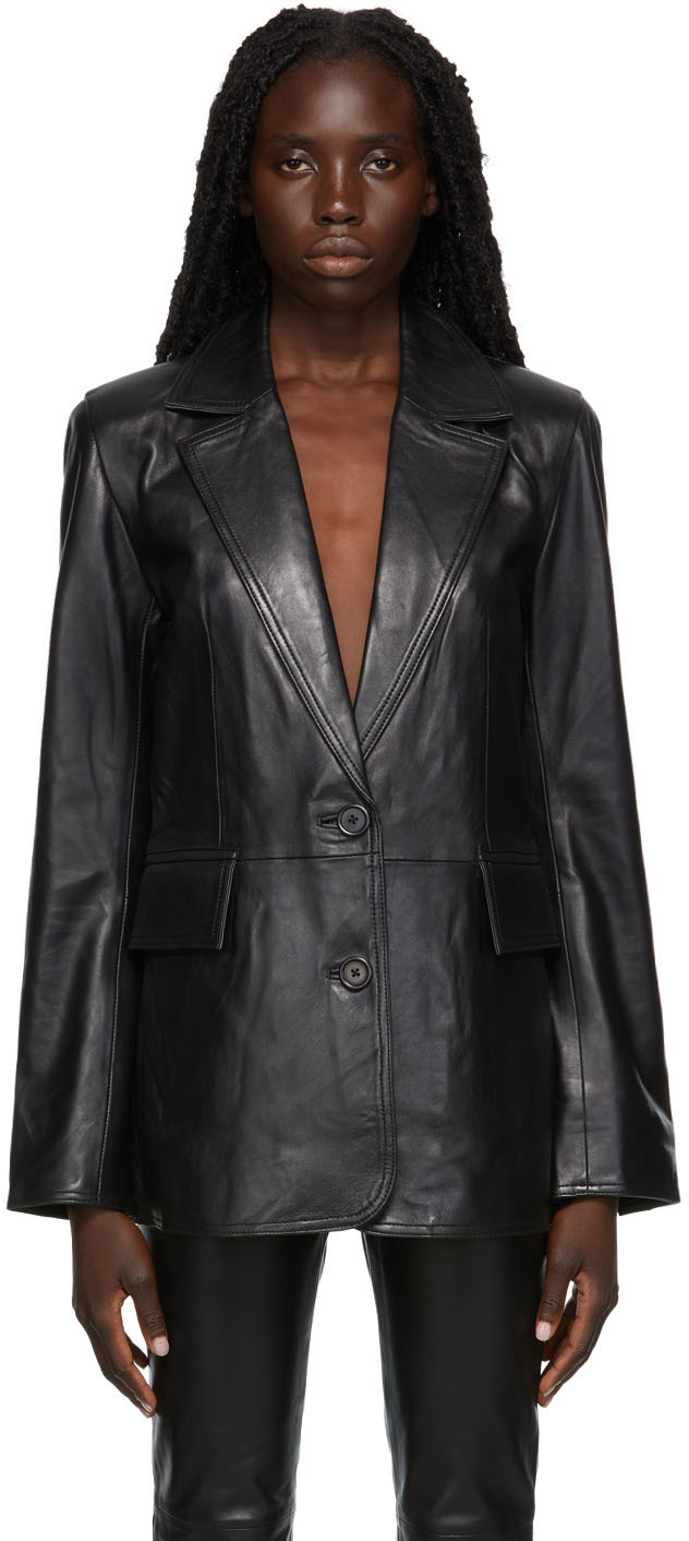 Black Buffed Leather Emersyn Blazer by Stand Studio on Sale