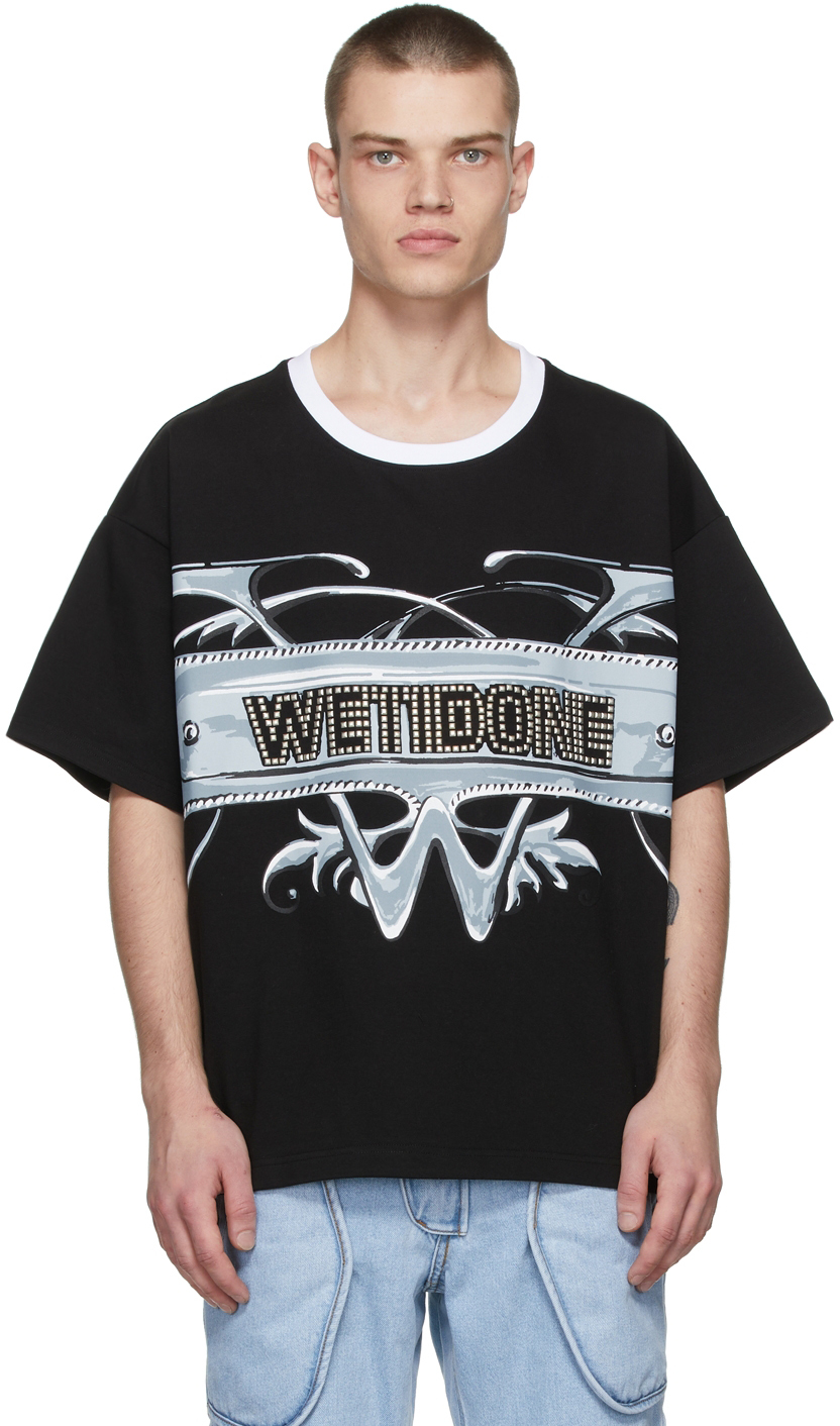 We11done: Black 'W' Graphic T-Shirt | SSENSE