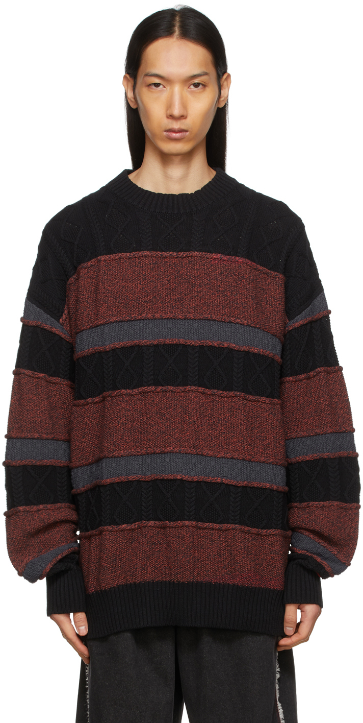 red and grey striped sweater