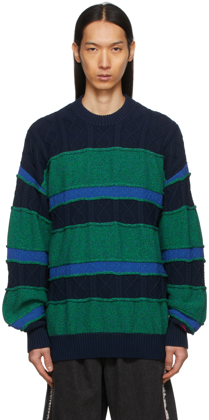 green and navy blue striped sweater