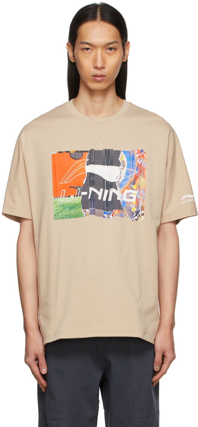 Beige Graphic T-Shirt by Li-Ning on Sale