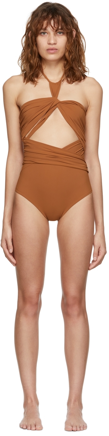 Nensi Dojaka SSENSE Exclusive Brown Plunging Knot Draped One-Piece Swimsuit