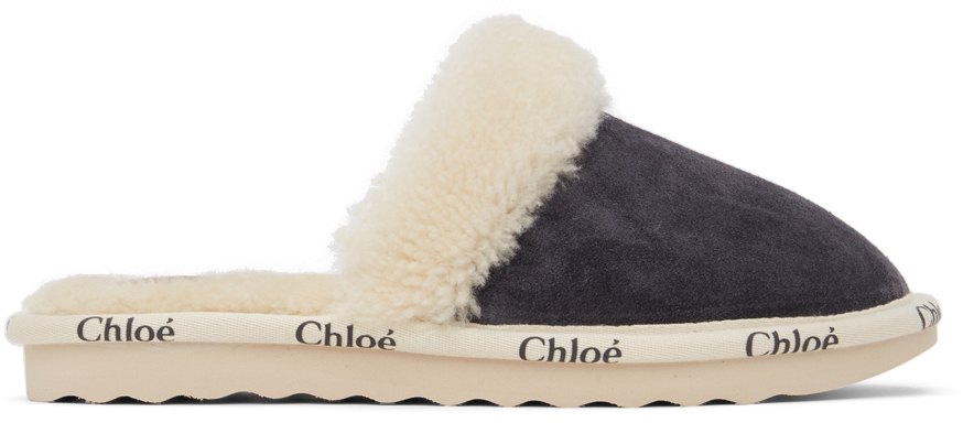 Woody Logo-print Suede And Shearling Slippers In 064 Somber Grey