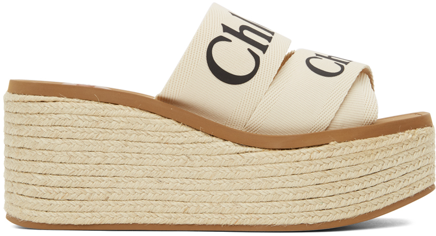 Chloé: ホワイト Woody ウェッジ ミュール | SSENSE 日本