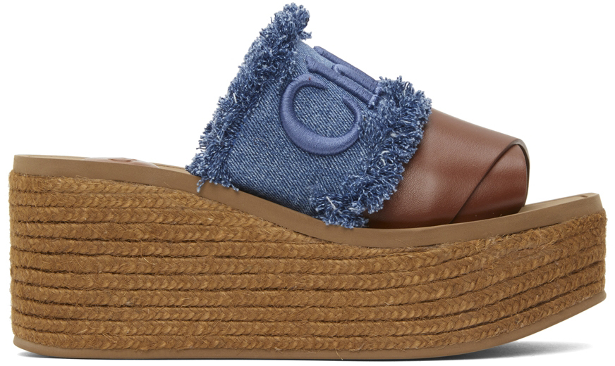 Chloé Brown & Blue Denim Woody Espadrilles Platform Sandals