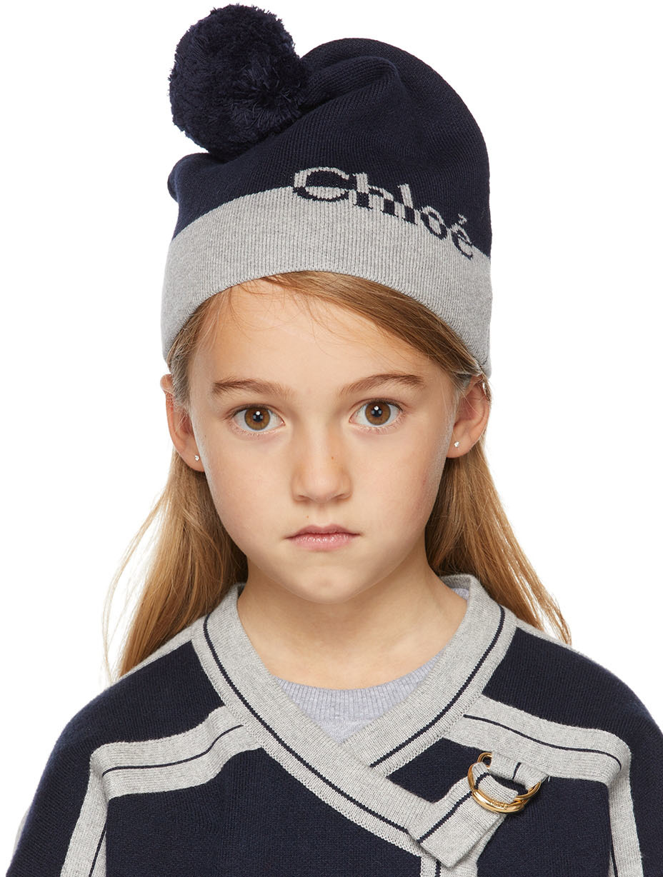 Kids Navy & Grey Logo Beanie SSENSE Accessories Headwear Beanies 