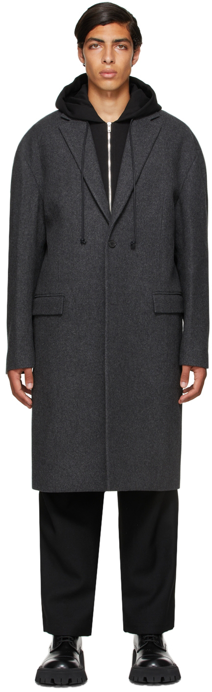 Juun.J Grey Wool Detachable Hood Long Coat