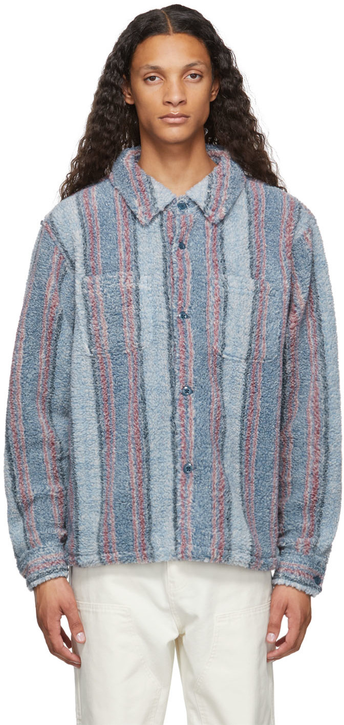 Stüssy: Blue & Red Stripe Sherpa Jacket | SSENSE Canada