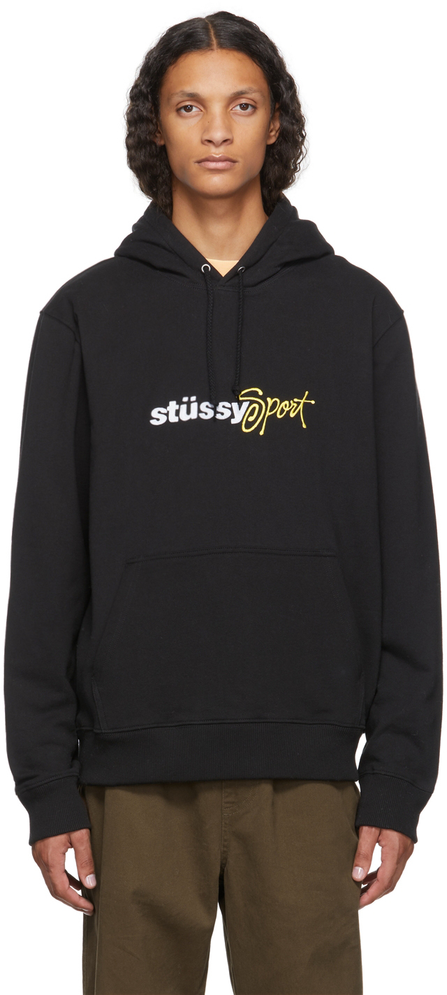 Black Sport Embroidered Hoodie by Stüssy on Sale