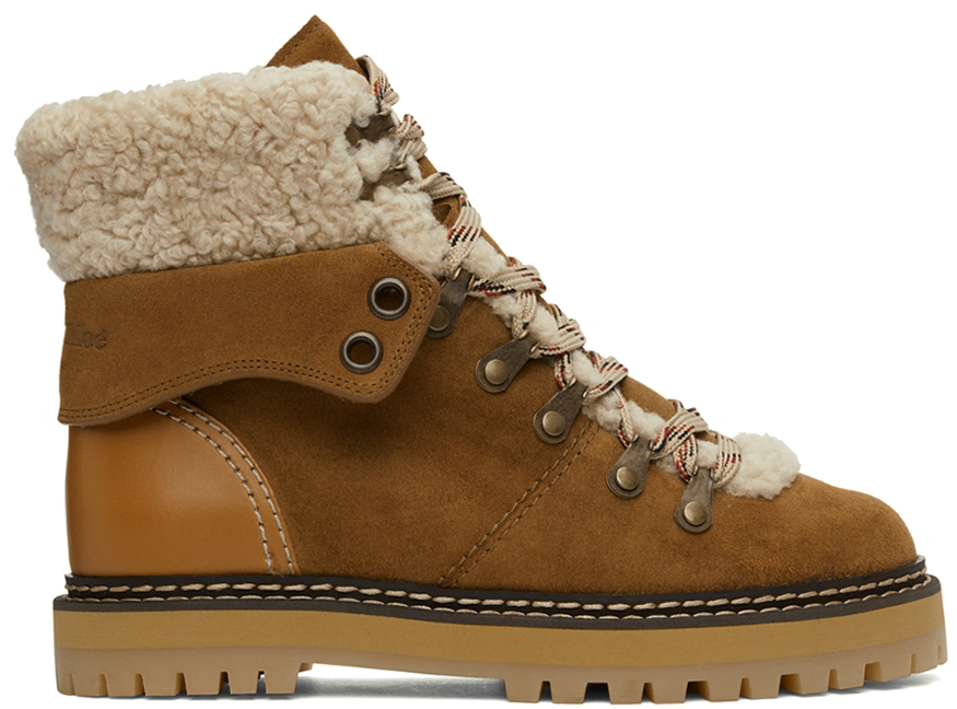 See by Chloé: Tan Shearling Eileen Ankle Boots | SSENSE Canada