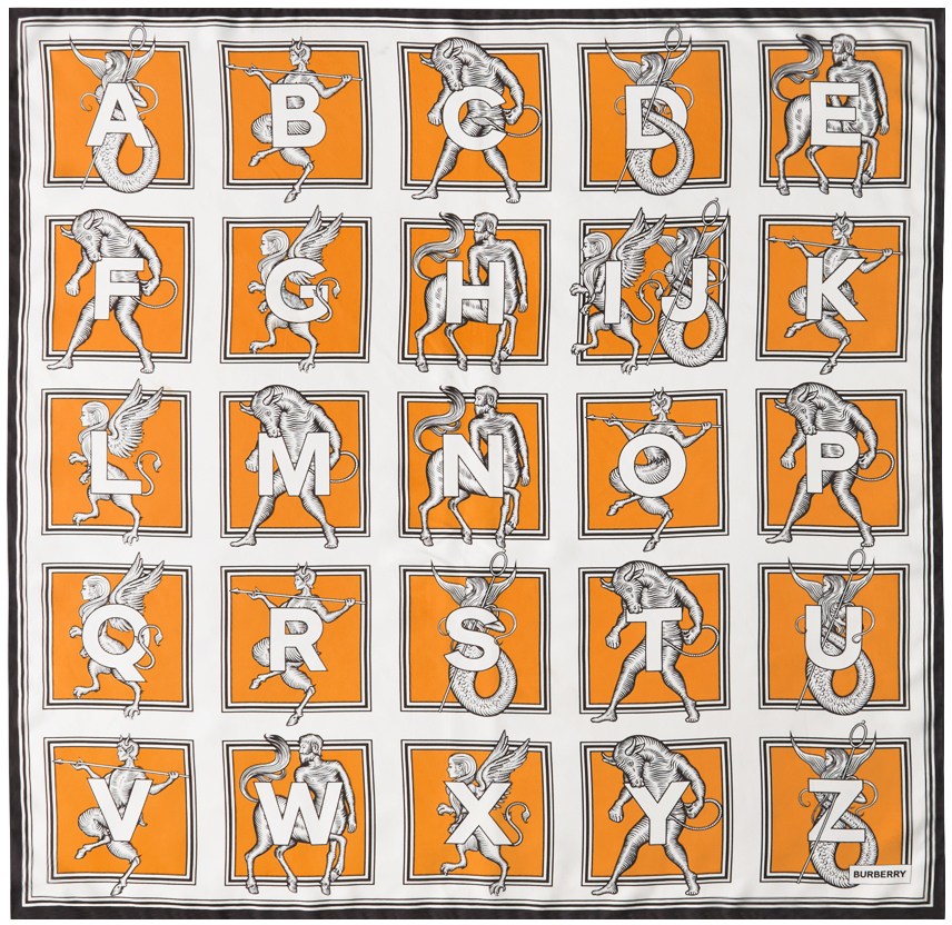 Burberry Orange Mythical Alphabet Square Scarf