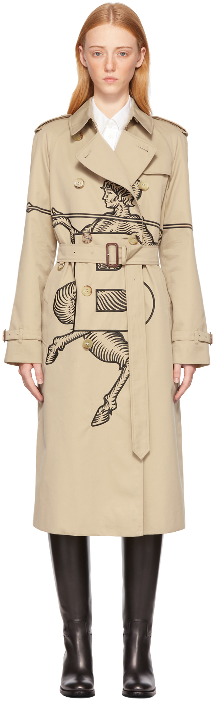Burberry: SSENSE Exclusive Beige Mythical Alphabet Embroidered Exploded  Motif Trench Coat | SSENSE
