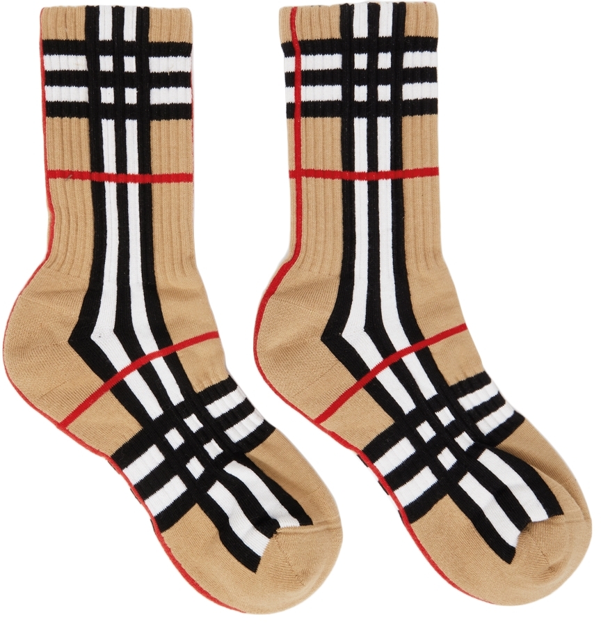 Burberry Beige Intarsia Check Technical Stretch Socks