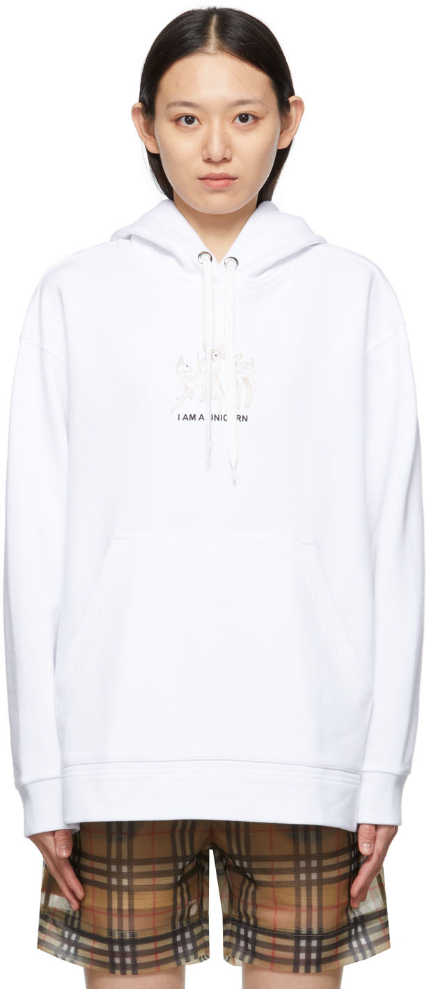 Burberry White Embroidered Deer Aurore Hoodie