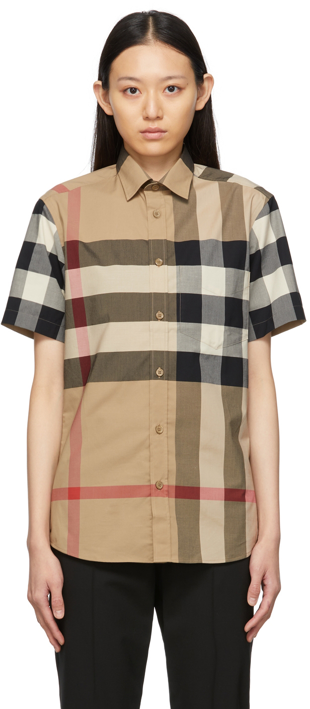 Burberry: Beige Poplin Check Short Sleeve Shirt | SSENSE