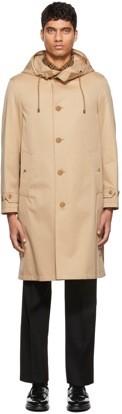 Burberry: Beige Gabardine Hooded Coat | SSENSE Canada